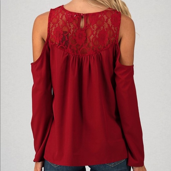 Dark Red Lace Cold Shoulder Top - Picture 4 of 4